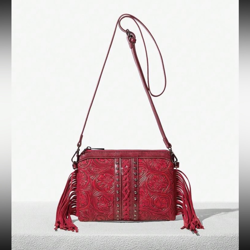 Women's Red Tooled Leather Crossbody Bag with Fringe